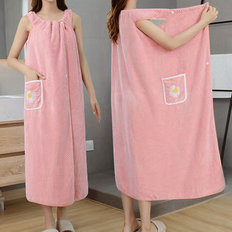 Light Blue Extra-Long Coral Fleece Bath Towel with Daisy Pocket - Super Absorbent, Machine Washable, Soft & Durable for Bathroom Use, Robe Wear | Detailing | Light Blue Coral Fleece